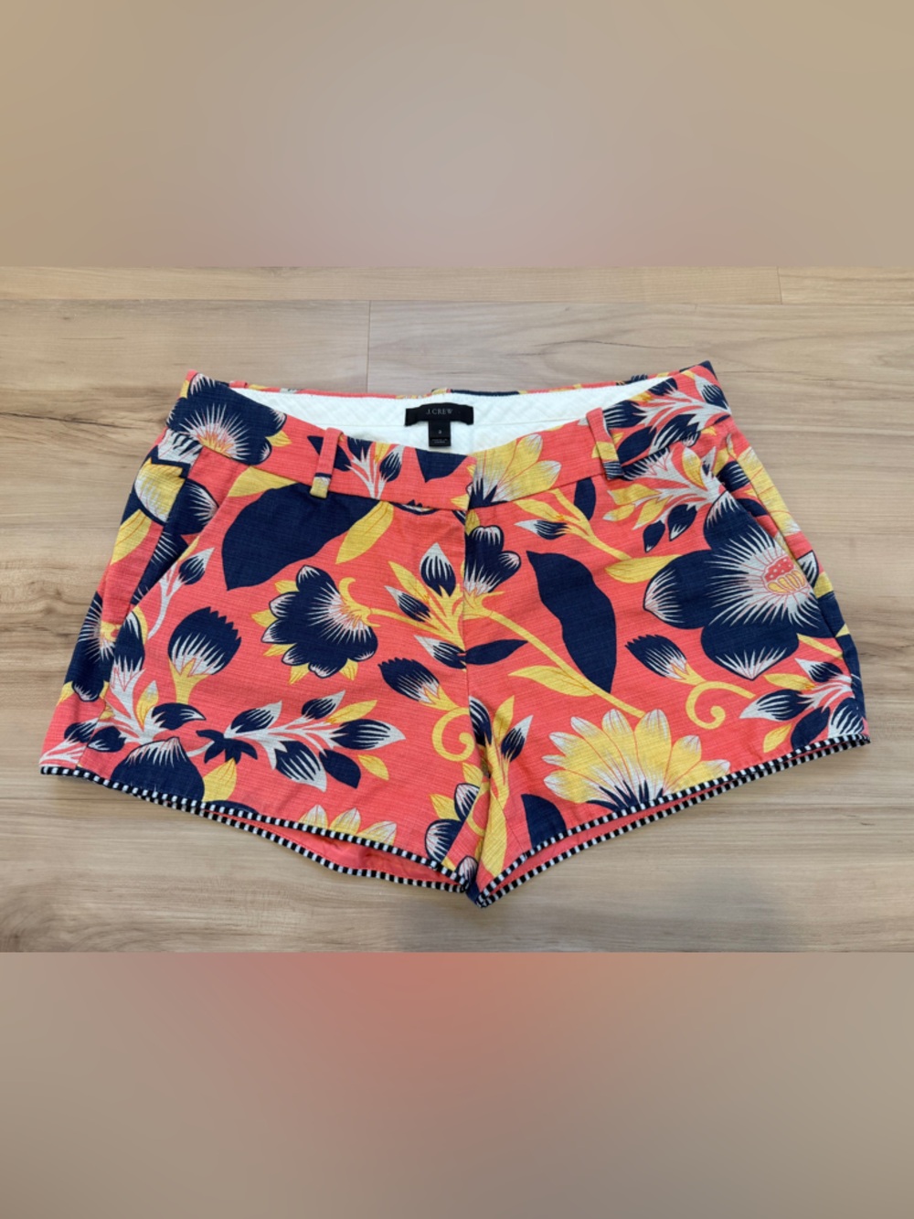 J. Crew Coral Floral Print Shorts with Navy and Yellow Accents